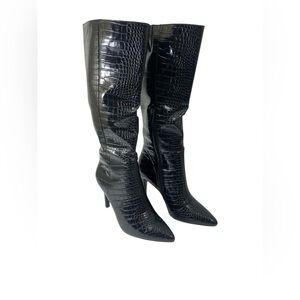 Women’s 6.5 Black Glossy Faux-crocodile Finish Sexy Stiletto Knee High Boots